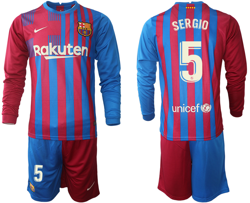Men 2021-2022 Club Barcelona home red blue Long Sleeve #5 Nike Soccer Jersey